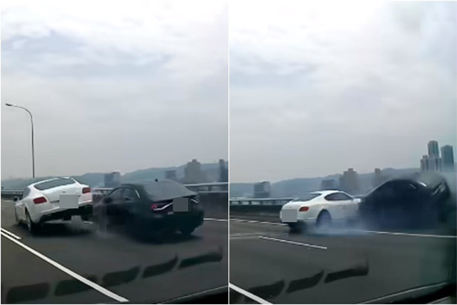 国1「丰田撞宾利」画面曝！一路猛推车头全毁，全网默哀：赔不完。(翻摄脸书爆料公社)