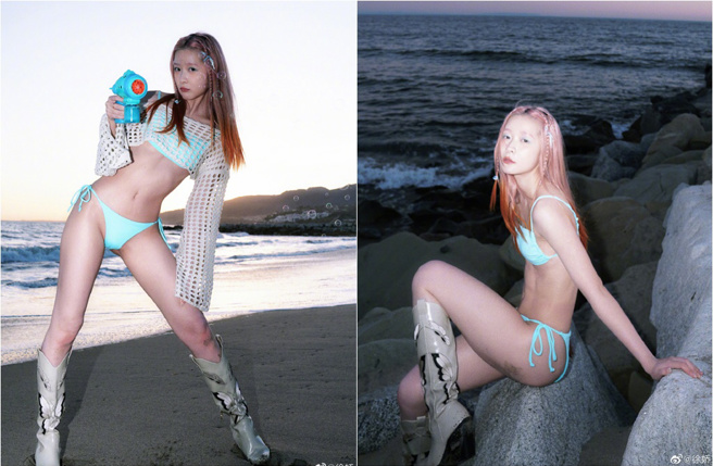 徐嬌豪曬比基尼、綁帶小褲寫真照。（圖／徐嬌微博）