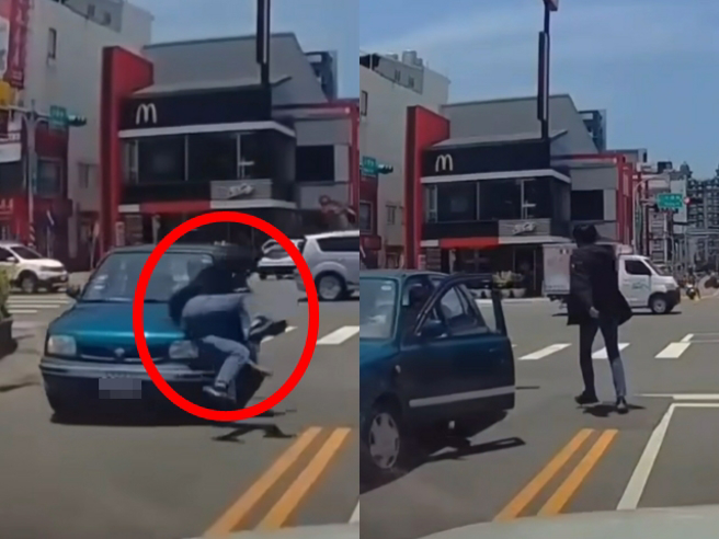 桃园龙潭一名路人10日在斑马线过马路时，遭右转车辆直接撞飞，全身翻了数圈后着地，没想到他下秒直接起身，若无其事地转头离去。（翻摄自脸书社团「爆料公社」）