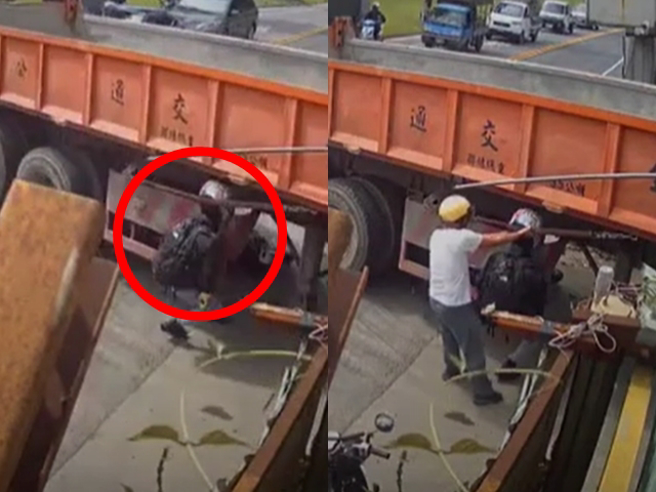大货车今（16）在环汉路突然在双黄线违规左转，造成对向机车骑士反应不及撞上，骑士的全罩式安全帽卡在货车车架，整个人头部卡住、身体晃动。（翻摄照片）
