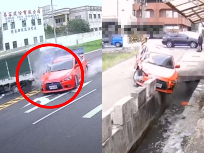 王男先撞上货车车尾，又开进一间材料行撞毁3辆机车，最后开进小巷后自撞水沟护栏，车头几乎全烂，他还下车步行打算弃车逃逸。（翻摄自记者爆料网）