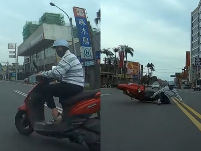 老翁从外侧「鬼切」试图骑车到对面，当场被后方直行的机车撞上，倒地在路中，事后起身第一句话是「你们少年都骑这么快」。（翻摄自YouTube频道「WoWtchout - 地图型行车影像分享平台」）