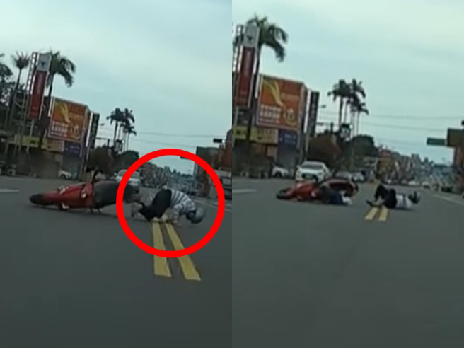 老翁从外侧「鬼切」试图骑车到对面，当场被后方直行的机车撞上，倒地在路中，事后起身第一句话是「你们少年都骑这么快」。（翻摄自YouTube频道「WoWtchout - 地图型行车影像分享平台」）