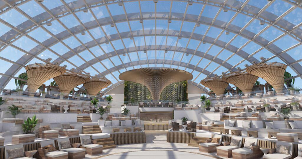 以希臘聖托里尼的露台為靈感，打造出海上首座多樓層的玻璃穹頂空中花園（The Dome）。　圖：公主遊輪／提供
