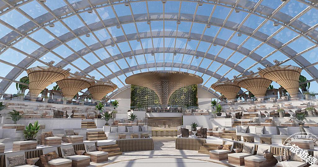 以希臘聖托里尼的露台為靈感，打造出海上首座多樓層的玻璃穹頂空中花園。（公主郵輪提供）
