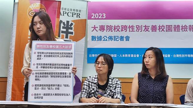 台湾伴侣权益推动联盟与多个民间团体今天公布「大专院校跨性别友善校园体检报告」。（林良齐摄）
