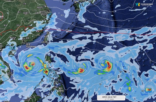 专家分享美国GFS模式两周后的预测，直说：「梅雨不见了，换成颱风排排站」。（图／翻摄自《天气风险 WeatherRisk》）