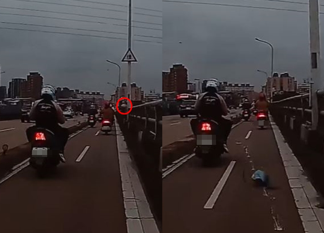 骑士骑在北市往新北永和的福和桥上，因压到安全冒惨摔在地，让他3周无法工作。（翻摄自脸书爆料公社）