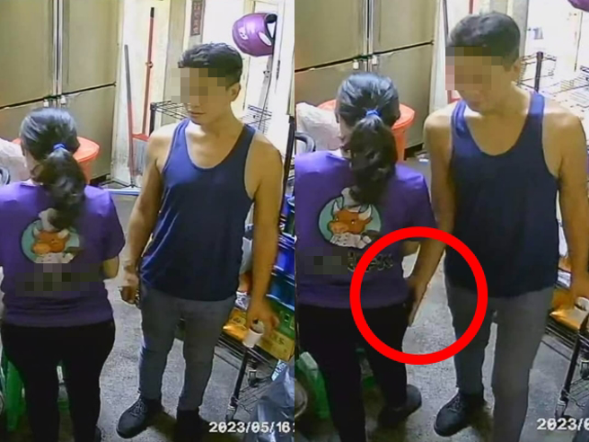 男方从厕所出来时开始搭讪店内女员工，要电话不成后，离开时竟用手偷摸对方大腿，监视器拍下离谱一幕。（翻摄自脸书「爆料公社」）