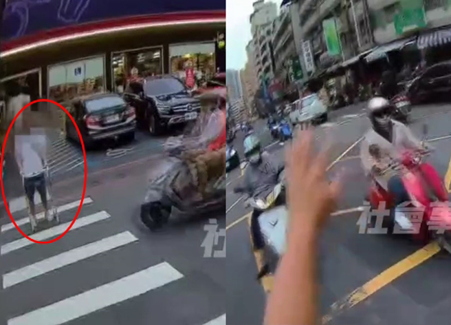 男子握住行器站在斑馬線上，見車流躊躇不敢前進，1名正義哥直接揮臂示意車輛「禮讓」，成功幫助男子順利通過。（翻攝自社會事新聞影音）