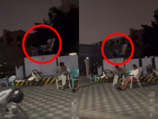 高雄瑞豐國小前人行道昨（16）被目擊有名男子把躺椅放在「變電箱」上方乘涼，目擊民眾嚇壞稱「不怕電磁波跟漏電嗎」。（翻攝自記者爆料網）