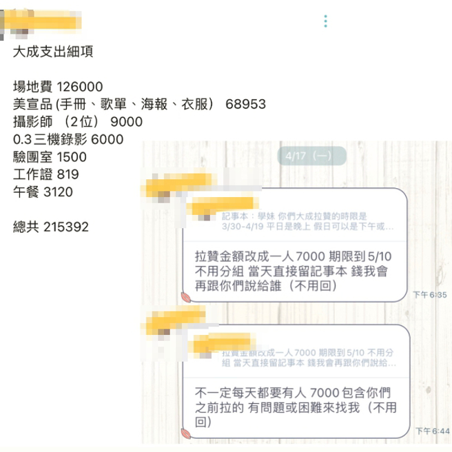 爆料者分享成果发表会的支出细项，其中场地费高达12.6万元。（图／翻摄自《国是中山》）