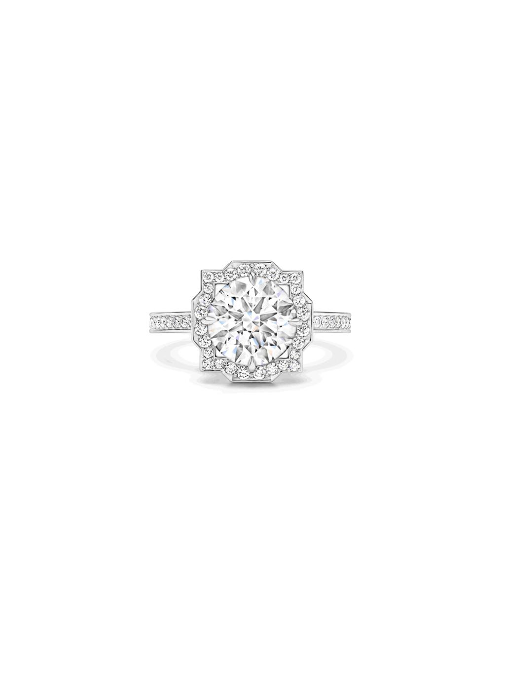 海瑞溫斯頓 Belle系列鑽石戒指，幾何美感的鑽石邊框，十分古典優雅。(Harry Wisnton提供）