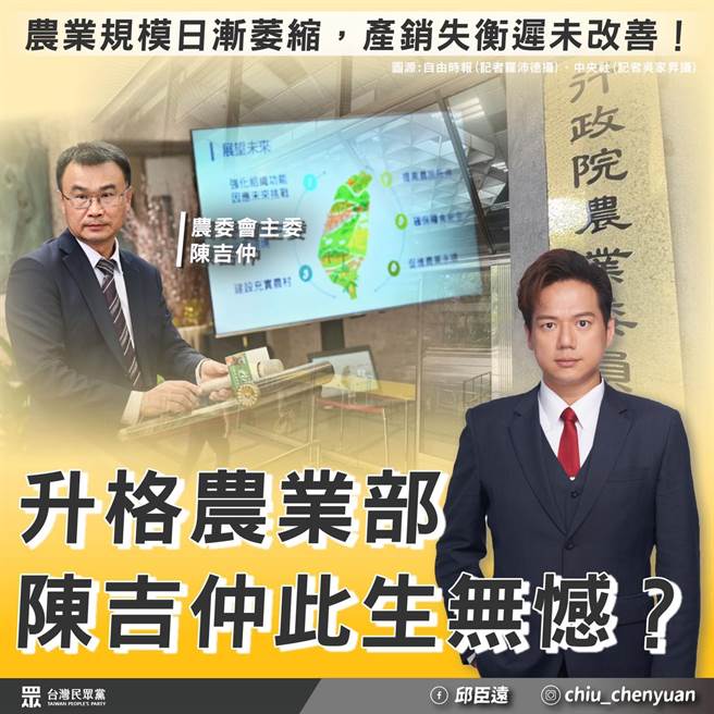 邱臣远表示，农委会年底前将挂牌升格为农业部，代表农业部将扩大业务范围，未来不仅员额扩编、预算也会再增加。讽刺的是，近年来我国农渔业外销市场面临急速萎缩，国内市场也出现严重缺蛋、缺肉及饲料大涨价等情形，在产销全面失衡的情形下，农渔民生产与生活越来越艰困。（取自邱臣远脸书）