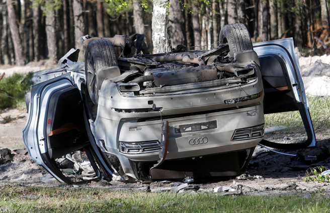 着名亲克宫作家普里平（Zakhar Prilepin）5月6日在莫斯科东方约400公里的下诺佛哥罗（Nizhny Novgorod）遭炸弹攻击受伤，图为事发现场。（路透）