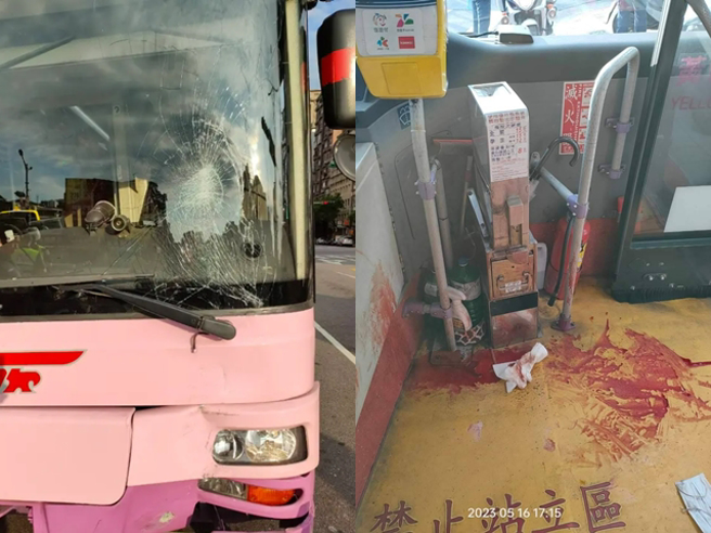 机车因黄灯到待转区后停下，公车却想抢快通过，当场撞飞骑士，公车内一名男乘客也因急煞，被抛飞到前方，头部当场撞击零钱箱，血流如注。（翻摄自脸书「爆料公社」）