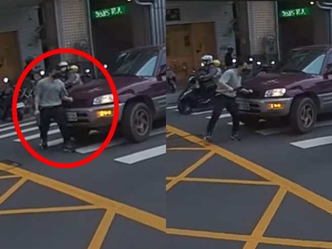 厢型车停在路口准备左转，车头不但占据斑马线一半空间，当时一名男子走在斑马线上经过车头时，驾驶竟直接往前开，吓得男子赶紧出手阻挡。（翻摄自YouTube频道「WoWtchout - 地图型行车影像分享平台」）