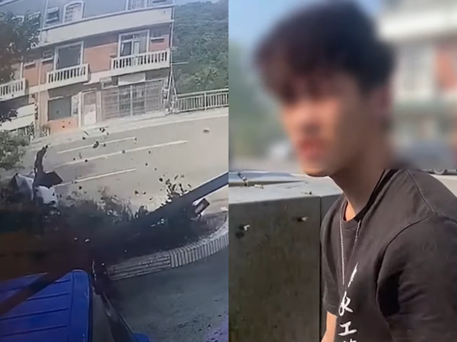 桃园大溪復兴路一段今（18）下午3点发生一辆白色轿车飙速时，因闪过砂石车造成失控，整车撞向路边加油站的围墙，接着起火烧毁。（翻摄自记者爆料网）