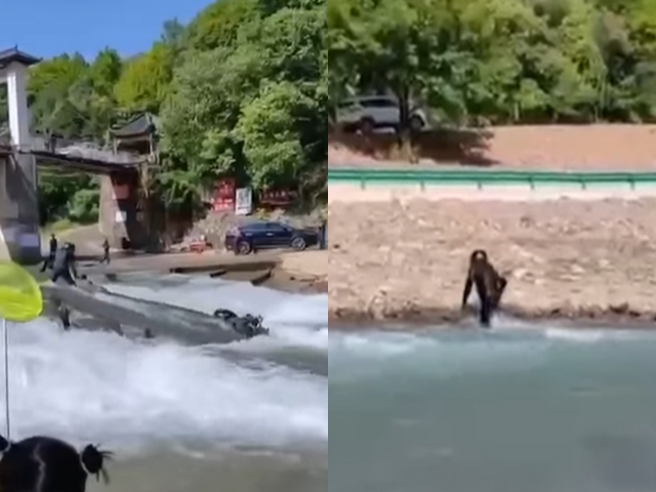 骑士打算骑车渡河，骑到一半重心不稳，机车当场落水「顺流而下」，当场被河水淹没，骑士试图拉住爱车，最后受不了湍急河水，只能独自上岸。（翻摄自脸书「重机车友 ❘ 各区路况天气、资讯分享中心」）