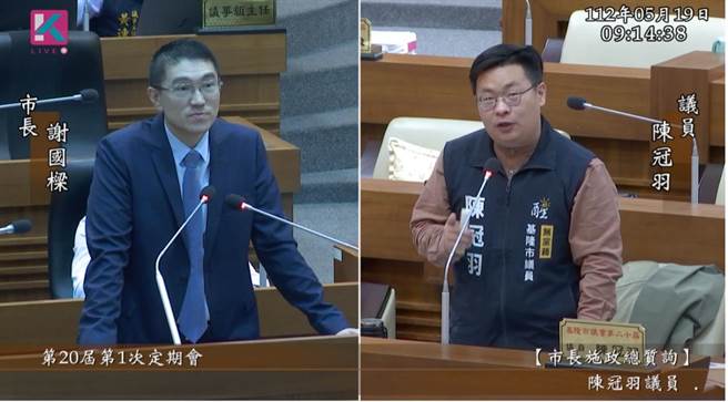 基隆市议员陈冠羽（右）指出，去年基隆市在非六都中每十万人行人死伤数是第一名，也希望谢市府可以从道路设计等问题改善，真正达到行人友善。（徐佑升摄）