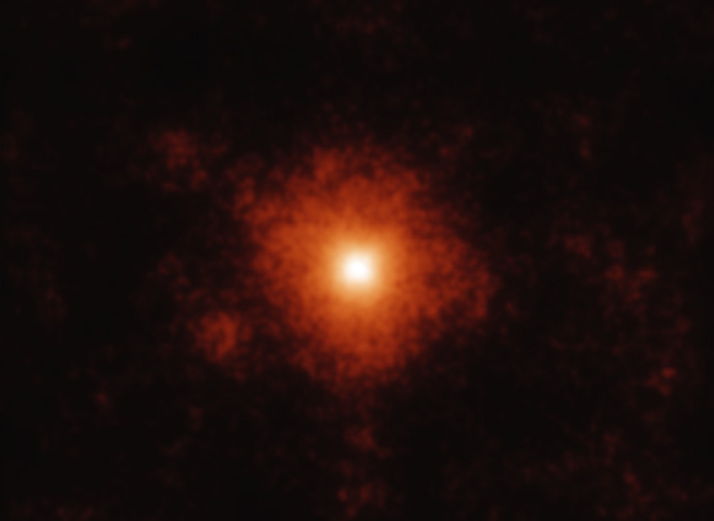 X射线偏振观测卫星观察到的半人马A显示出极其明亮的核心（白黄色）。（X-ray: (IXPE): NASA/MSFC/IXPE/S）