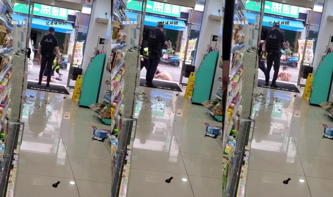 朱男在超商门口被警方上铐后，被警员狂打12下警棍，头部见血。（翻摄画面）
