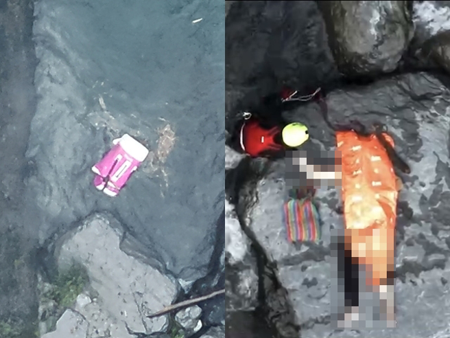 飞龙瀑布上方的百米深潭看到一个粉红色的背包，当搜救人员靠近时发现有一具男性大体，目前该大体已经靠人力搬运至岩石上，等待直升机吊挂中。(屏东消防局提供/谢佳潾屏东传真)