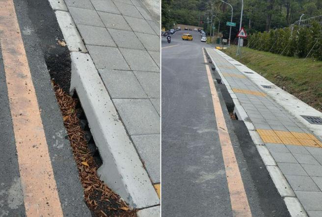 有网友直击高雄左营一条人行道施工不良，在路缘处留下一排很深的坑洞，就怕会出意外。（图／翻摄脸书爆料公社）