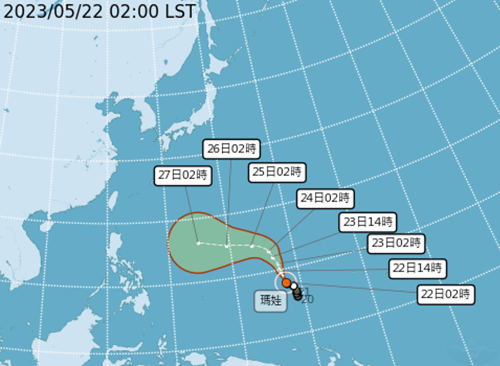 瑪娃颱風路徑以北北西轉北方向移動，周三、周四會開始偏西，會不會影響台灣要看偏西的角度，周四、周五是關鍵時間。(翻攝自氣象局)