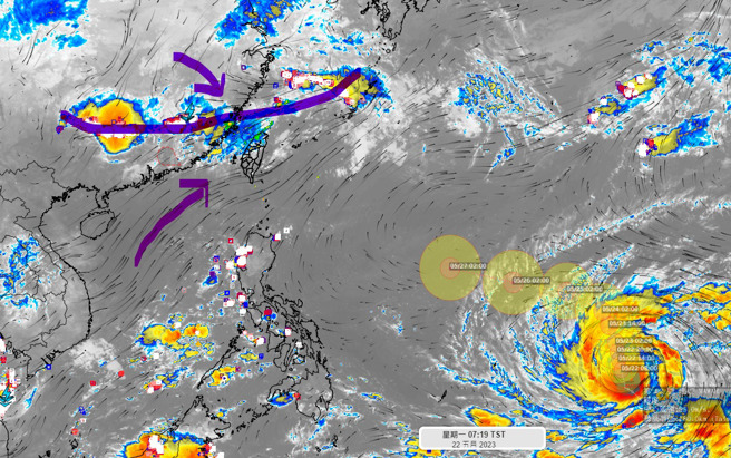 颱风发展旺盛恐怕会把整个锋面打坏，可能要重新开始建立。（翻摄自彭启明脸书）