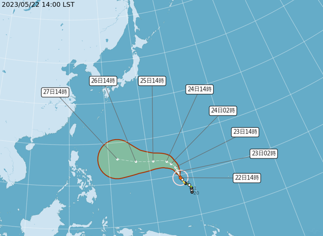 中颱玛娃未来路径，将由东往西直扑菲律宾。（气象局）