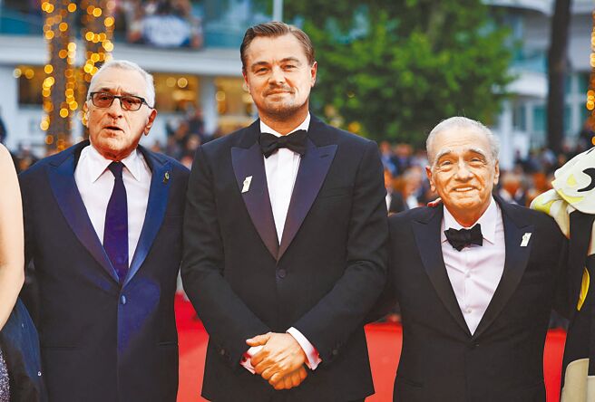 劳勃狄尼洛（左起）、李奥纳多狄卡皮欧、导演马汀史柯西斯出席《花月杀手》坎城首映。（路透）