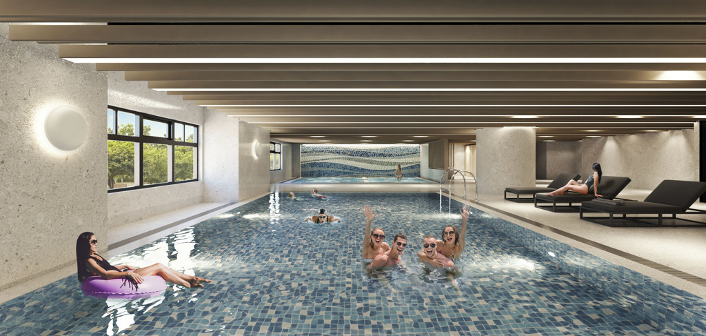 「名軒海樂地」擁有淡海唯一室內溫水游泳池，一年四季都可享受運動養生。3Ｄ合成示意圖(圖/業者提供)