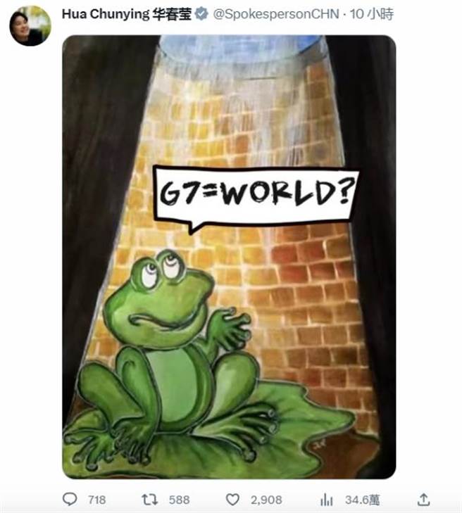 中国外交部部长助理、发言人华春莹在推特发图讽刺，G7=世界？（华春莹推特截图）