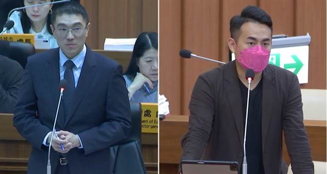 基隆市议员林旻勋（右）表示，八堵火车站禁止迴转造成民怨，希望市长谢国梁（左）能正视此问题。谢国梁则回应，会亲自安排会勘，研拟解决方案。（徐佑升摄）