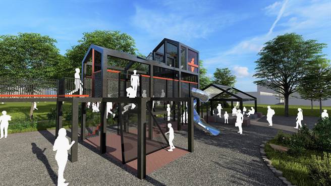 桃园市杨梅区四维儿童公园游戏场景观改善工程，今日办理开工典礼，图为眷屋游戏区模拟图。（工务局提供／蔡明亘桃园传真）