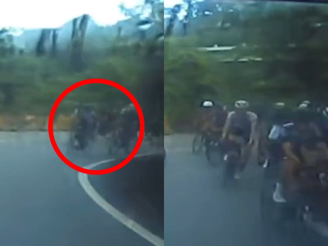 驾驶在山路上一处盲弯转弯时，突然遇到一大票单车队「逆向朝他驶来」，他吓到大叫数声、急煞路中，车队也赶紧闪开。（翻摄自记者爆料网）