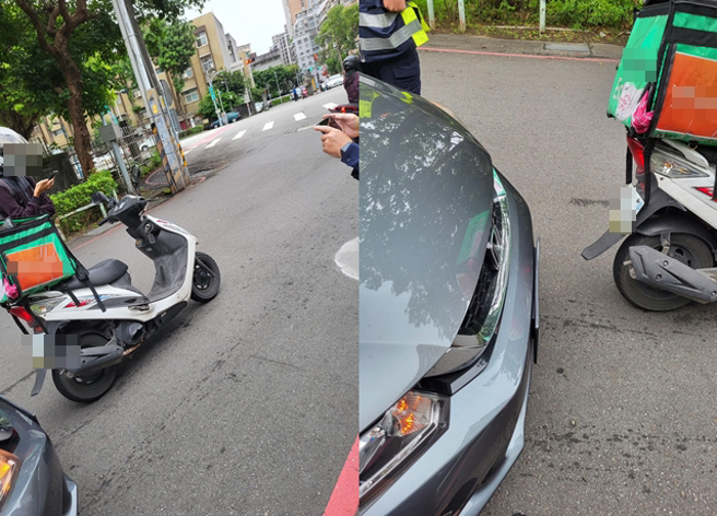 驾驶行经新北市土城区立清街上时，突遇外送员骑机车「二度急煞」，疑似想碰瓷吓得驾驶紧急煞车，所幸未追撞。（翻摄自脸书爆料公社二社）