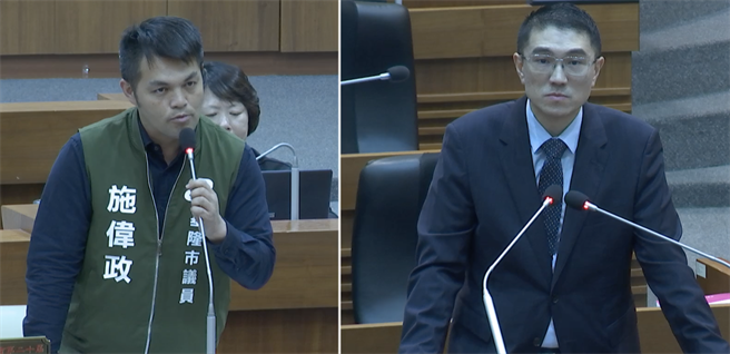 基隆市议员施伟政（左）针对四接议题指出，用电安全与环境议题不该是衝突的，希望基隆市长谢国梁（右）能审慎评估。（翻摄自质询频道）