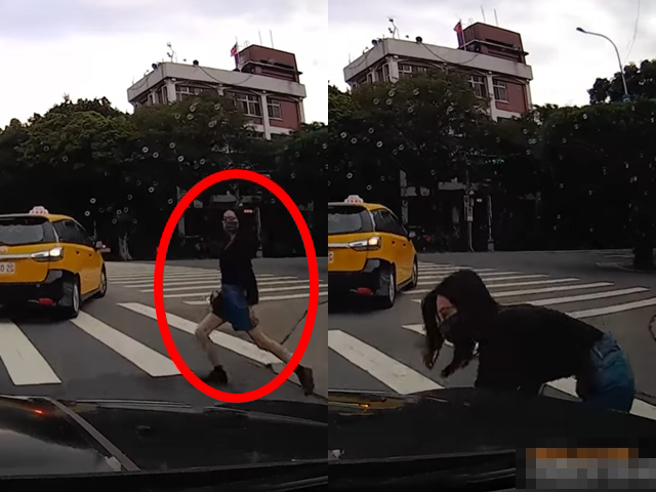 驾驶行驶在总统府前的凯达格兰大道，准备右转时，右侧路边一名短裤女子突然向前「躺在车头前」，所幸驾驶急煞，女子躺了数秒了就起身离开。（翻摄自脸书「爆料公社二社」）