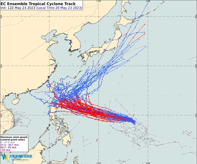 歐洲模式模擬，瑪娃在靠近台灣後北轉的機率高。(翻攝自彭啟明臉書)