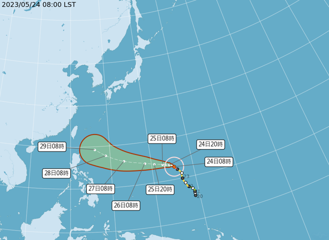 玛娃最新路径，预估在下周一、二北转。（中央气象局提供）