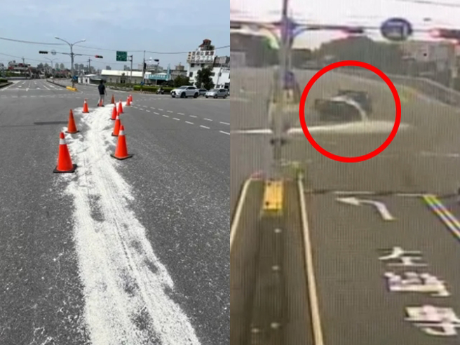 货车沿路散落碎米，驾驶看了一点觉得不严重就直接离开，留下地面长长一条痕迹，后来一名机车骑士「违规左转」辗过碎米自摔。（翻摄自记者爆料网）