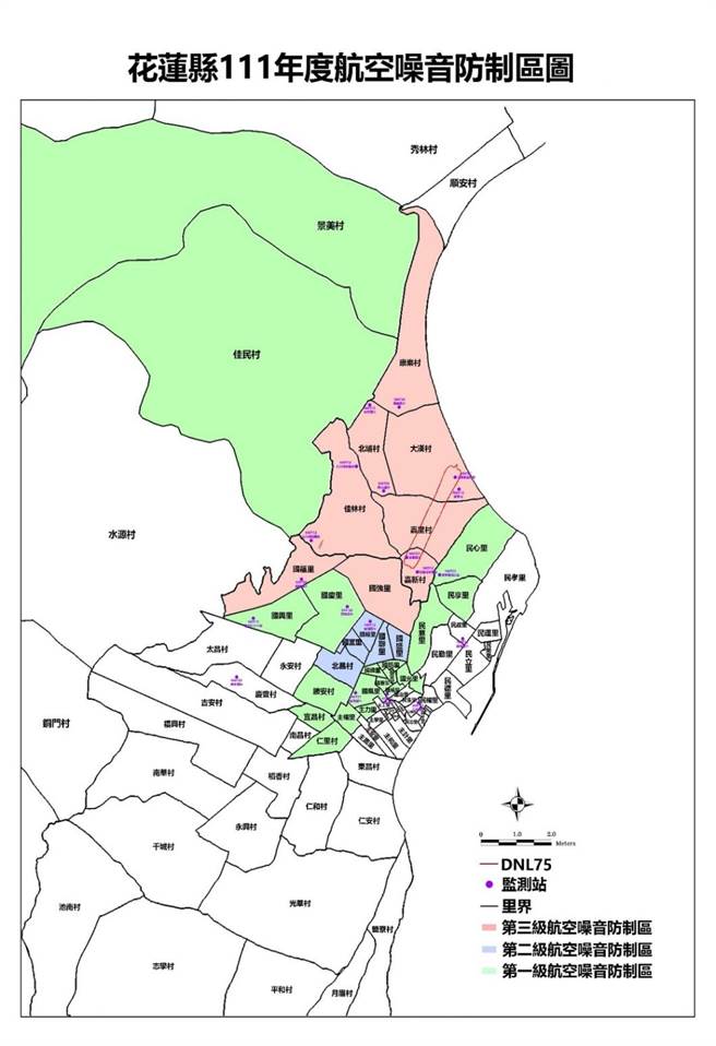 花莲机场2020年至2021年航空噪音等噪音线图。（花莲县政府提供／罗亦晽花莲传真）