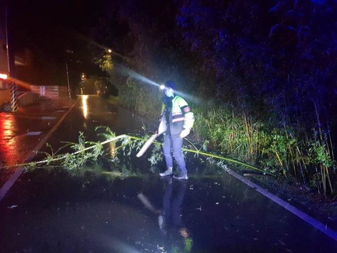 近日锋面来袭、豪雨不断，桃园市龙潭区中原路三段旁竹林，23日因不敌豪雨过后土石松动，断裂后横倒路面。（翻摄照片／蔡明亘桃园传真）