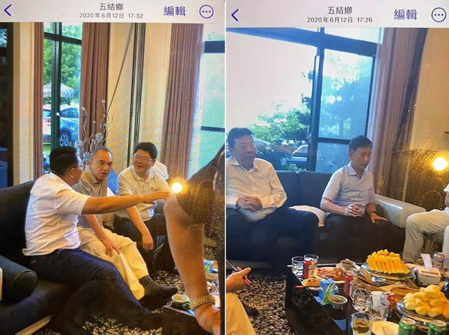 民眾党立委陈琬惠披露，2020年6月12日，立法院交通委员会到宜兰考察后，（左图）立委陈欧珀（左一）、前交通部政次黄玉霖（右一）前往曾国纬的五结豪宅；（右图）现任台铁副局长朱来顺（右一）也是座上宾。（陈琬惠提供／杨亚璇台北传真）