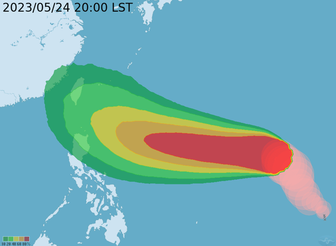 中央气象局预估，周五、周六（5/26、5/27）玛娃颱风近中心最大风速可达每秒58公尺，是其最强的时刻。（图／取自中央气象局）