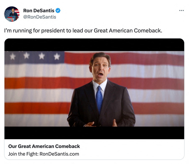 美国佛罗里达州州长迪尚特（Ron DeSantis）24日（台湾时间25日）透过推特正式宣布投入总统选战，不过直播却遭遇重大技术问题，引发网友热议。（图／路透）