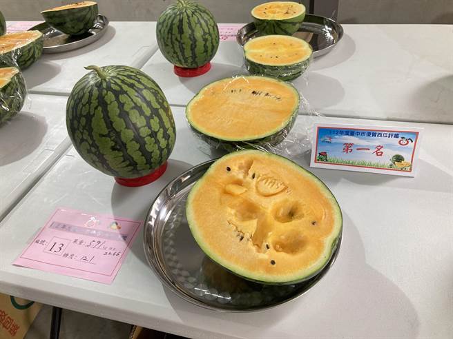 台中市大肚区农会日前举办「112年度台中市优质西瓜评鑑」，参赛品种订为新兰西瓜，共有60组农友报名参赛，由龙井区刘严銮勇夺冠军。（台中市政府提供／潘虹恩台中传真）