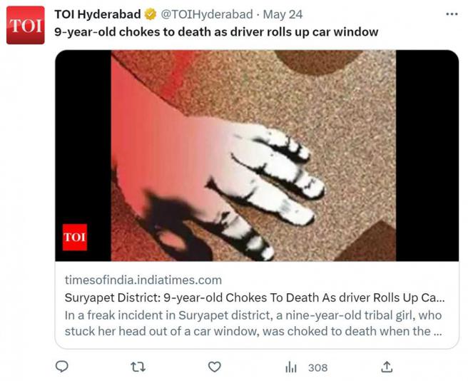 9岁女童头卡在车窗中司机竟没发现。（图／翻摄自推特）  